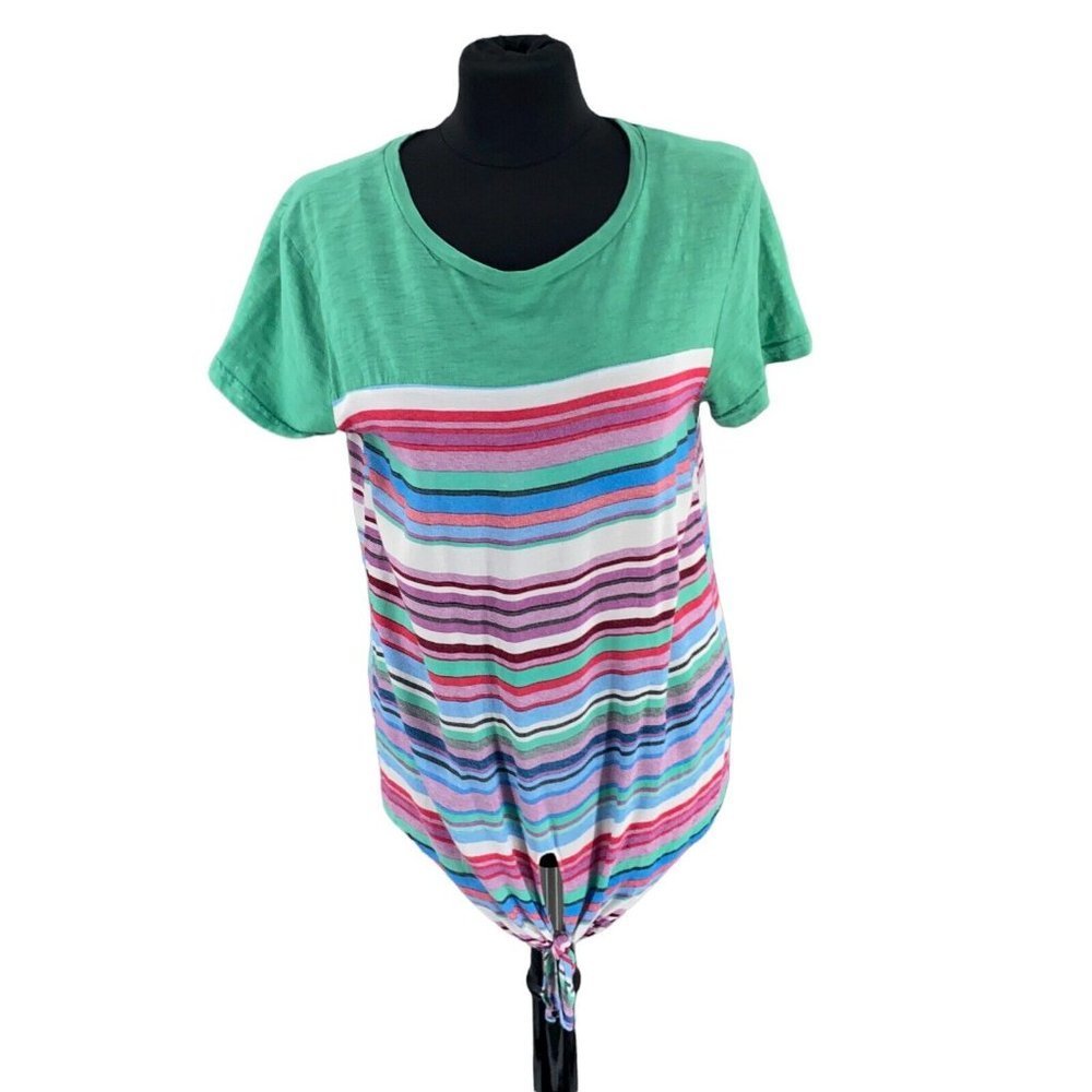 Umgee USA Womens Blouse Small Green Blue Stripes Top Front Tie Short Sleeve EUC